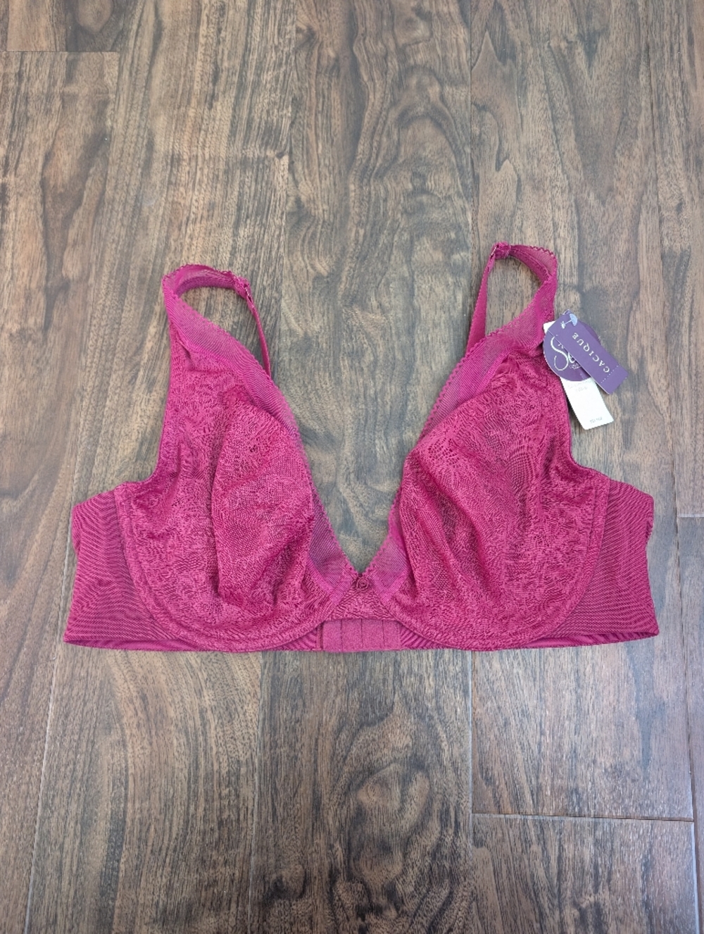 NWT Cacique 42D Plunge Fusia Deep V Sheer Lace Unlined Wired Bra